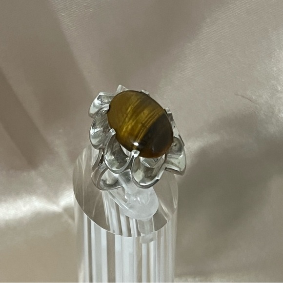 Vintage Sterling Silver Ribbon Ruffle Edge Tiger's Eye Ring 925 Size 5.5 Unique - Picture 12 of 16